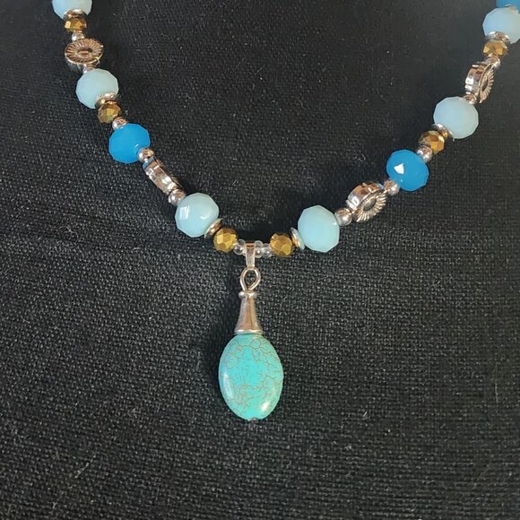 Blue and Gold Beaded Silver Tone Flower Faux Turquoise Pendant Boho 18" Necklace - Picture 2 of 16